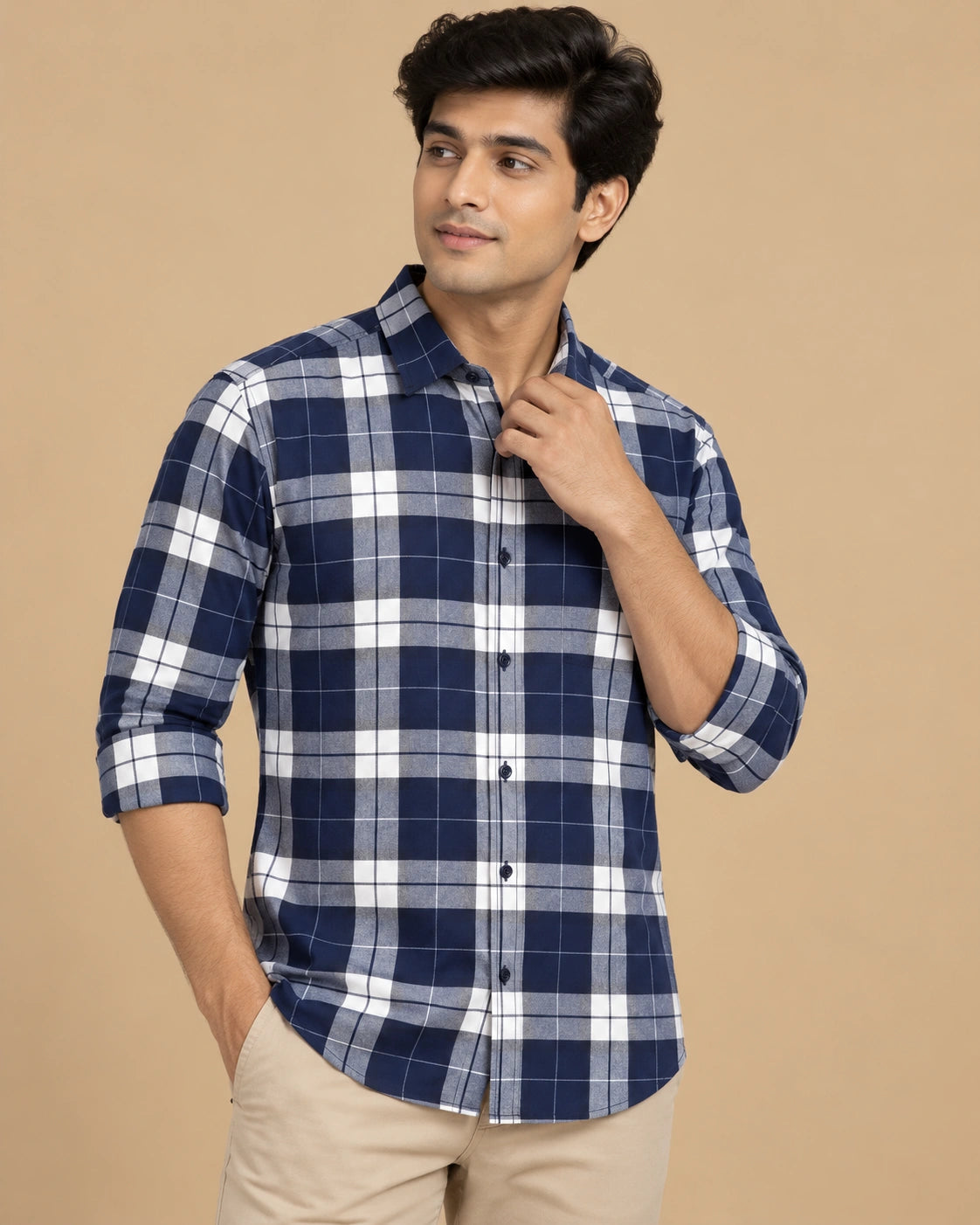 Navy Blue Bold Check Shirt - Seated Pose