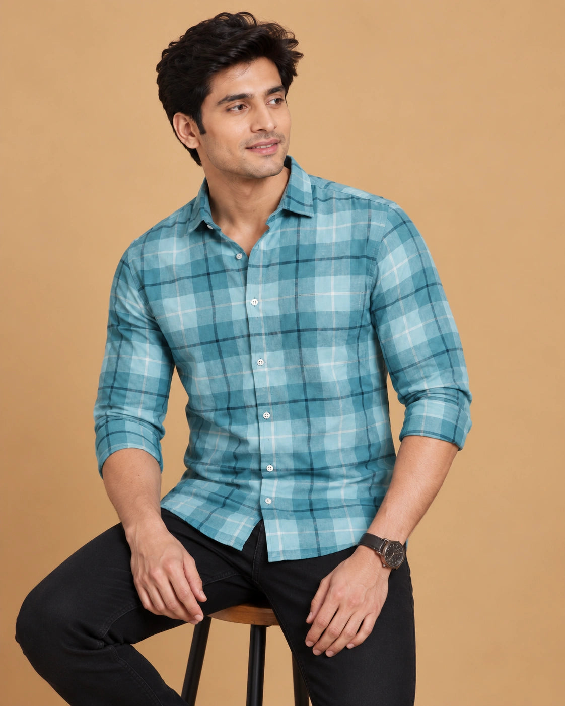 Teal blue check shirt - back view