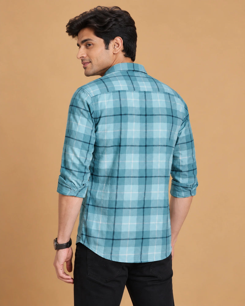 Teal blue check shirt - side view