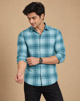 Teal blue check shirt - collar detail