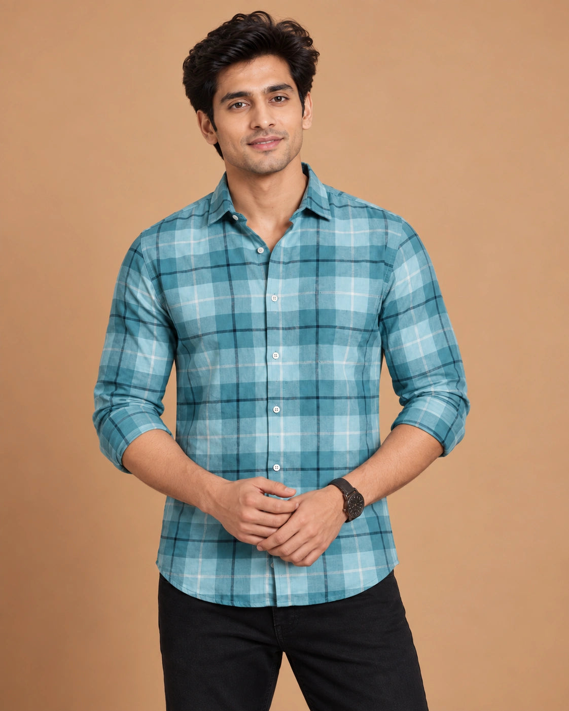 Teal blue check shirt - seated view