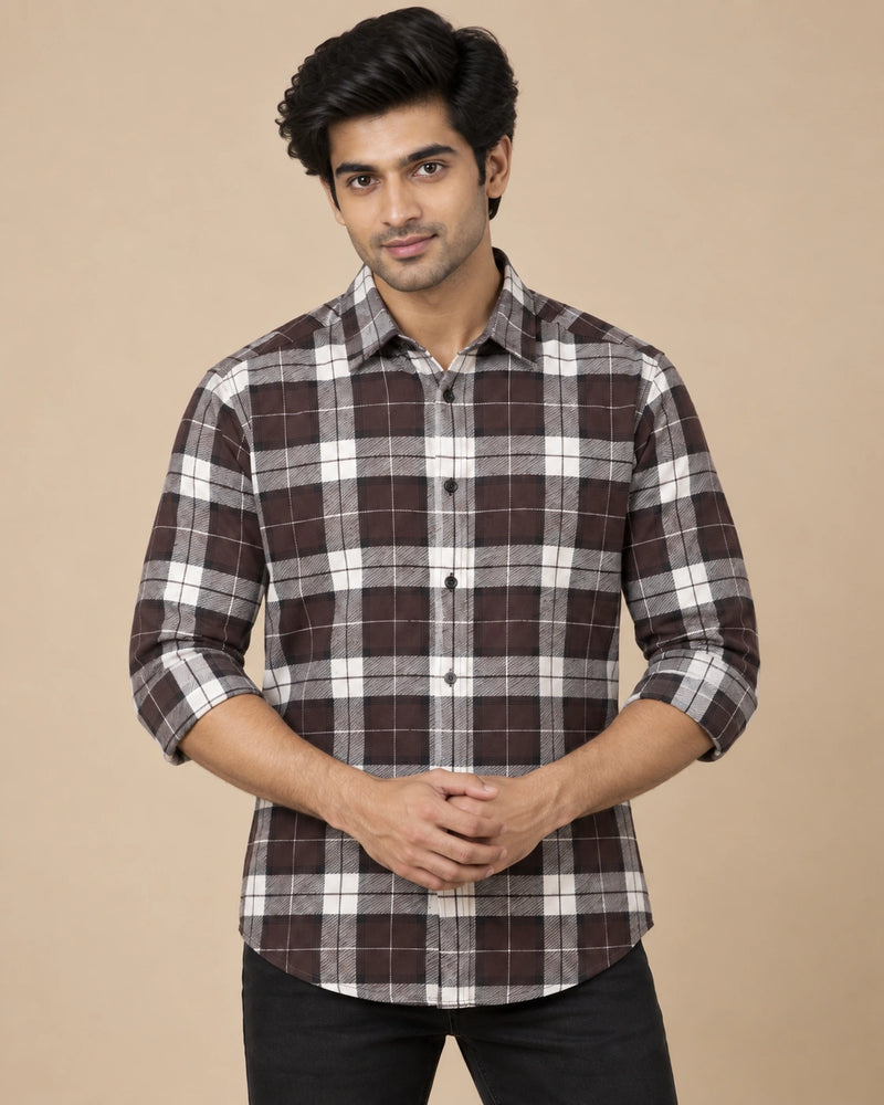 Dark Brown Bold Check Shirt - Seated Pose