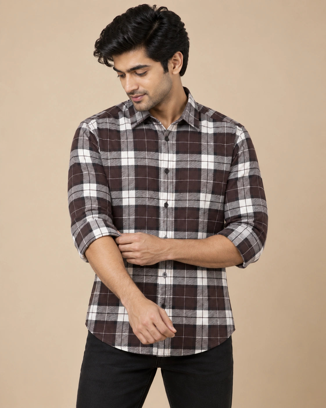 Dark Brown Bold Check Shirt - Front Detail