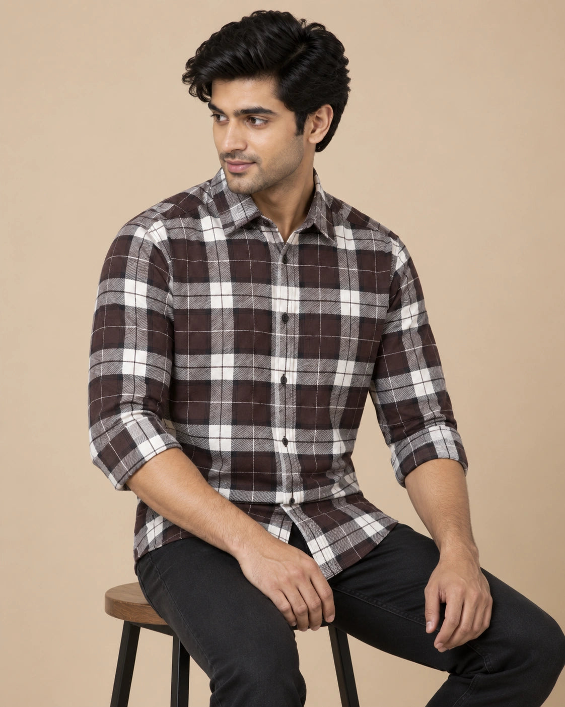 Dark Brown Bold Check Shirt - Back View