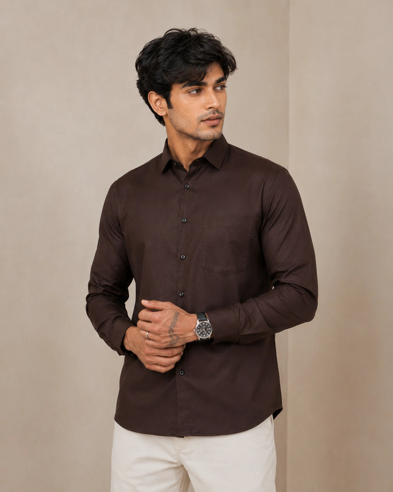 Dark brown linen formal shirt - front view