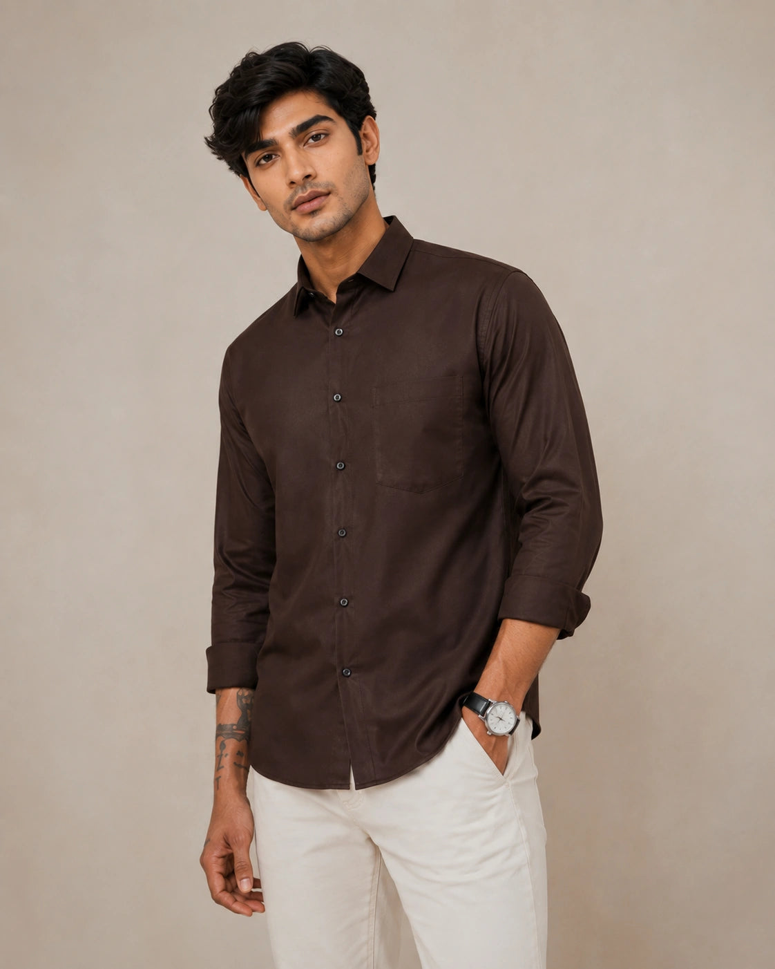Dark brown linen formal shirt - back view