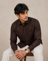Dark brown linen formal shirt - seated lifestyle