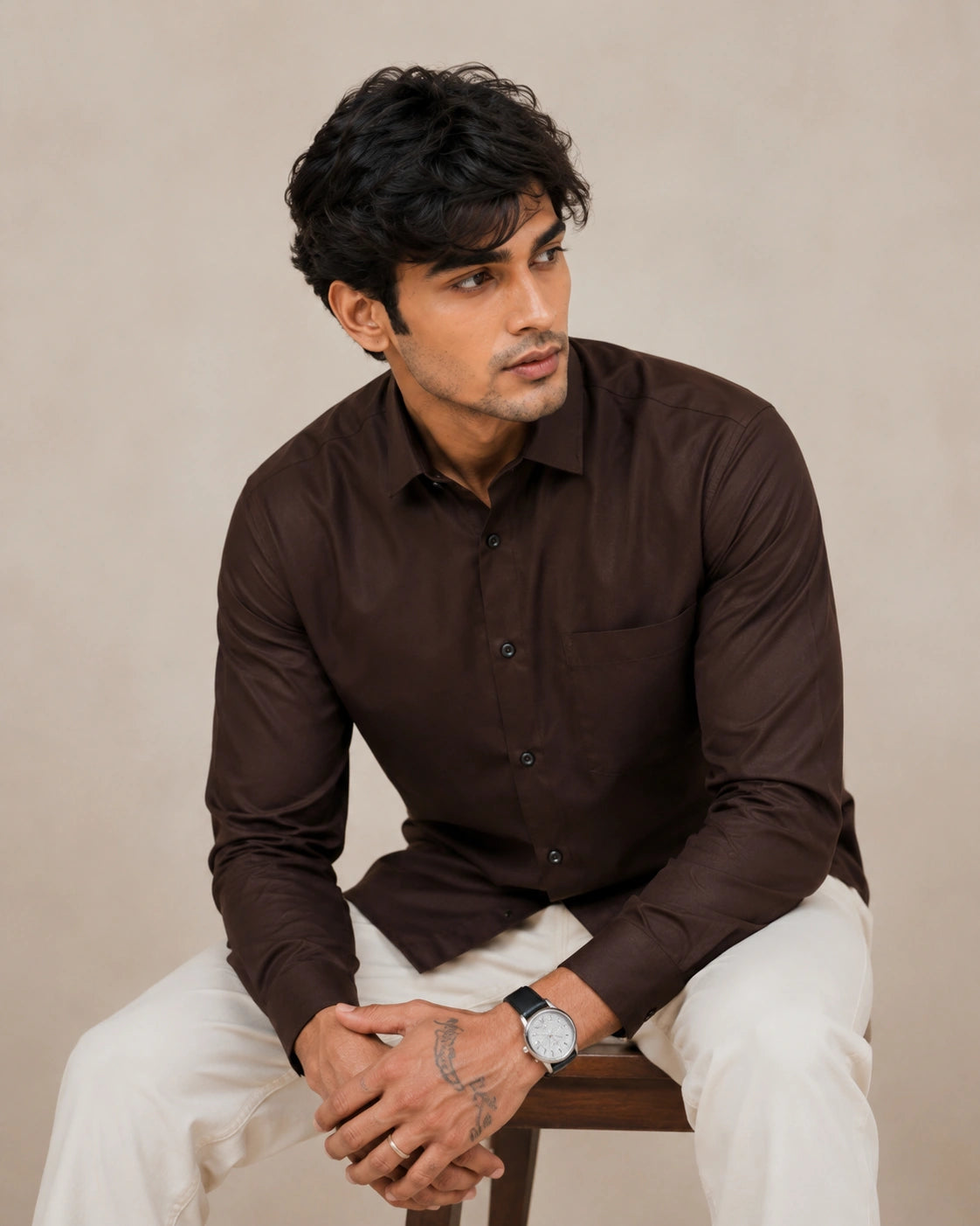 Dark brown linen formal shirt - seated lifestyle