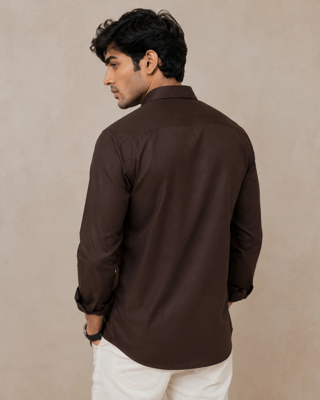 Dark brown linen formal shirt - collar detail