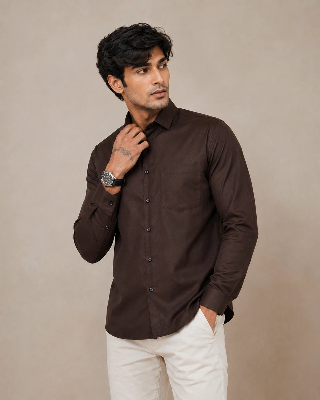 Dark brown linen formal shirt - full length standing