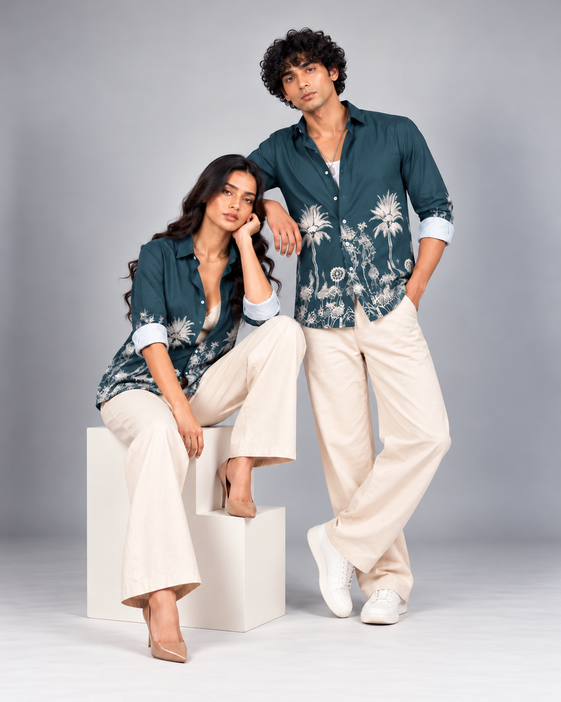 Teal Jungle Print Slim Fit Shirt