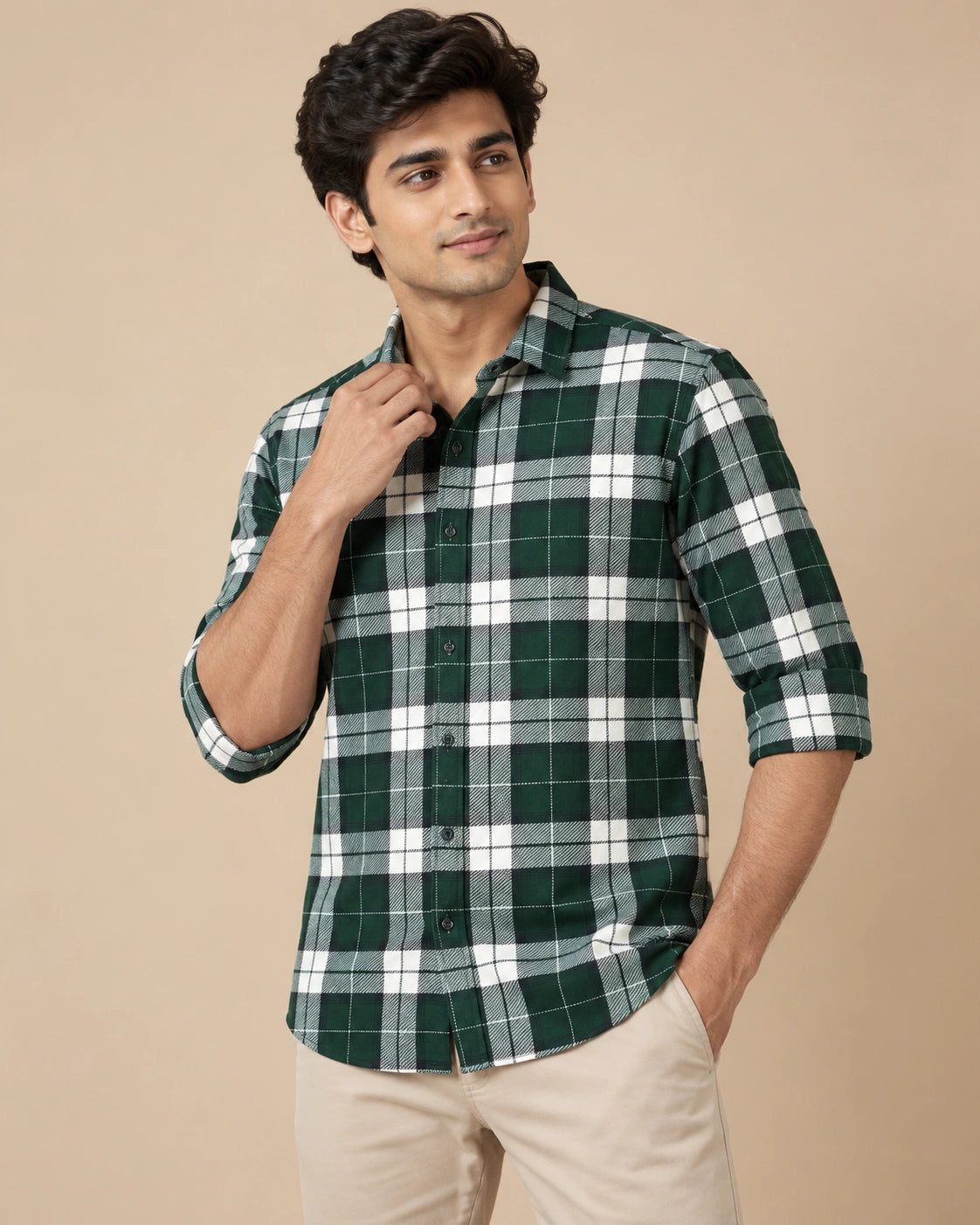 Forest Green Bold Check Shirt - Seated Pose