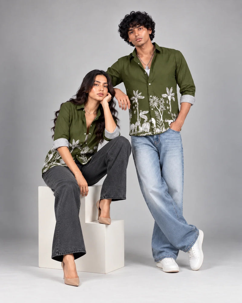 Army Green Jungle Print Slim Fit Shirt