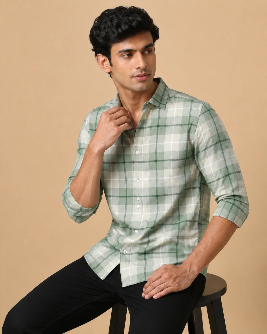 Green check casual shirt - front view