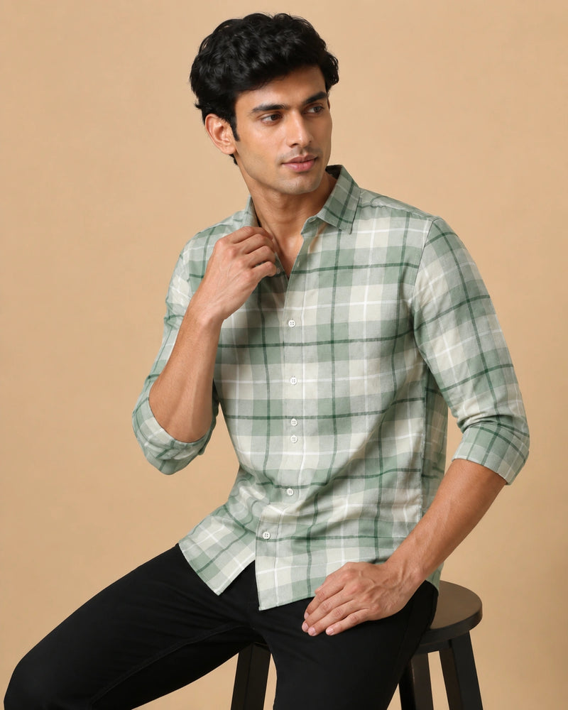 Green check casual shirt - front view