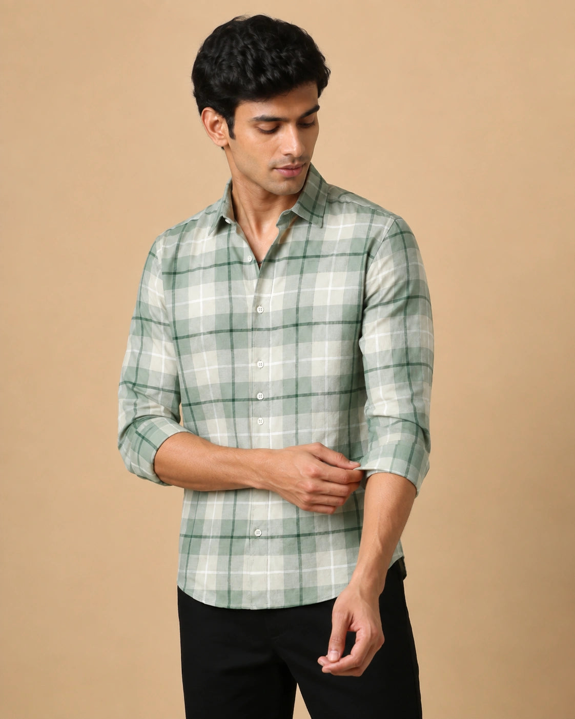 Green check casual shirt - three-quarter view