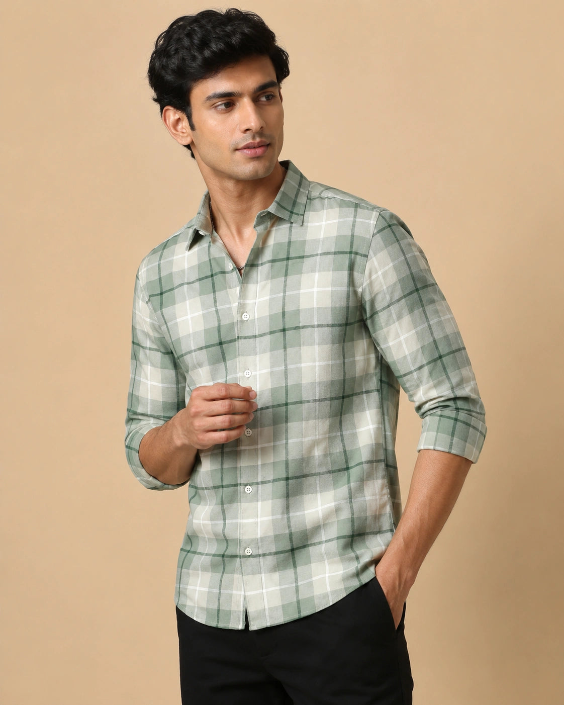 Green check casual shirt - back view