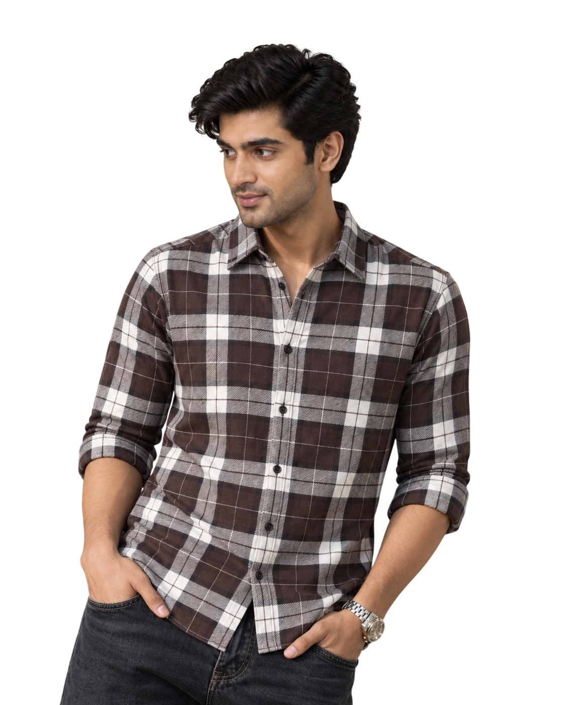 Model wearing shirt