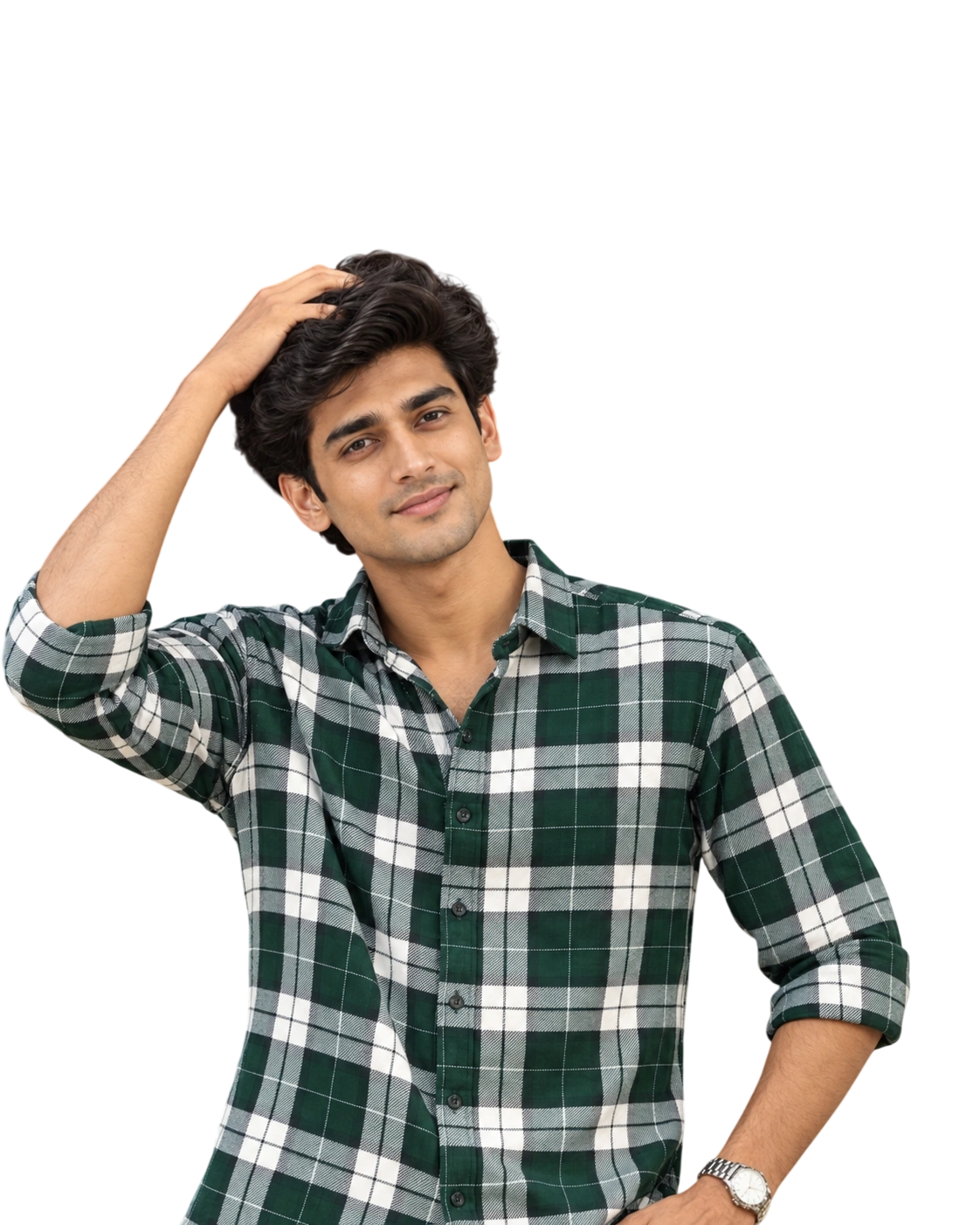 Model wearing shirt