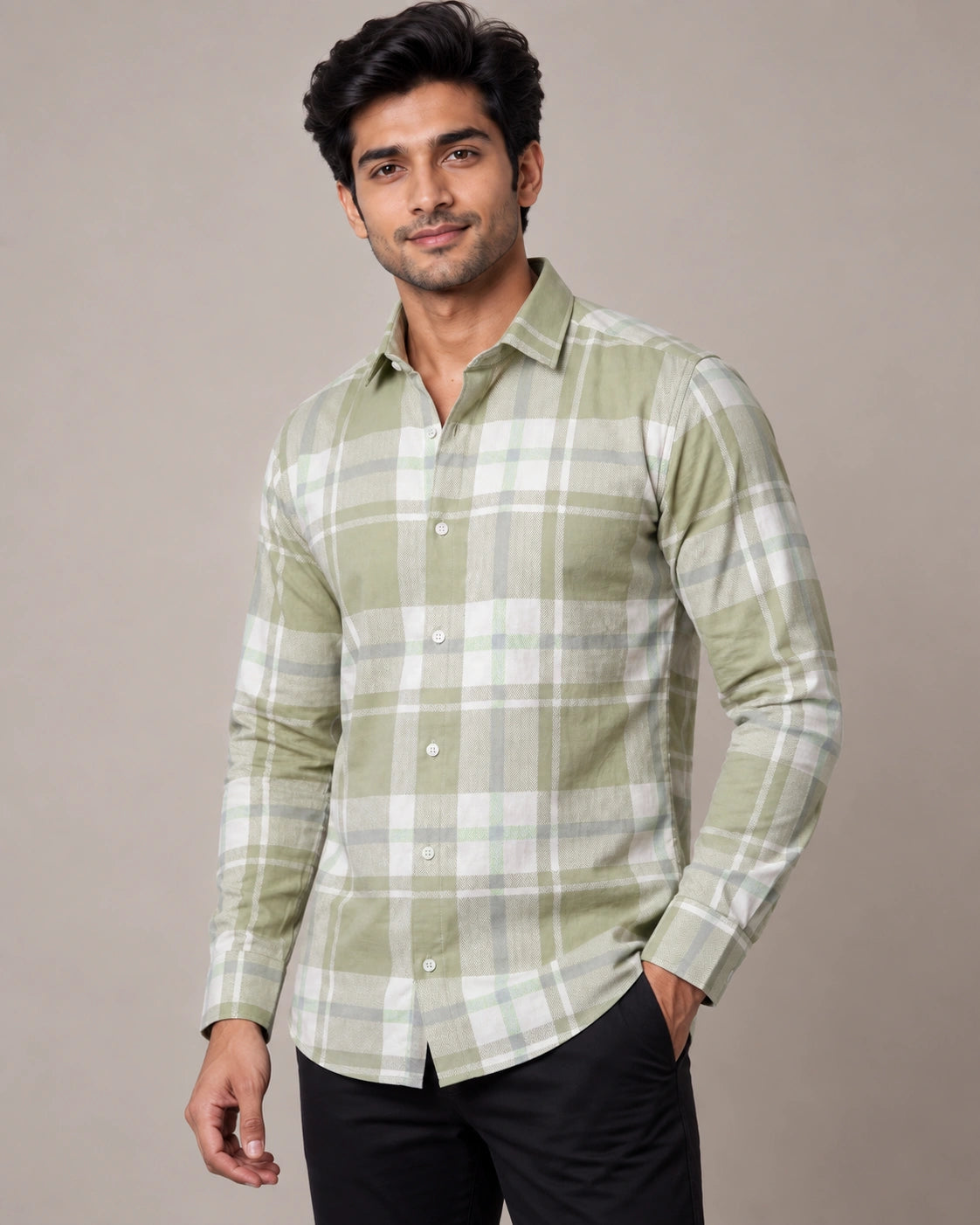 Olive Green Check Shirt - Front Side View