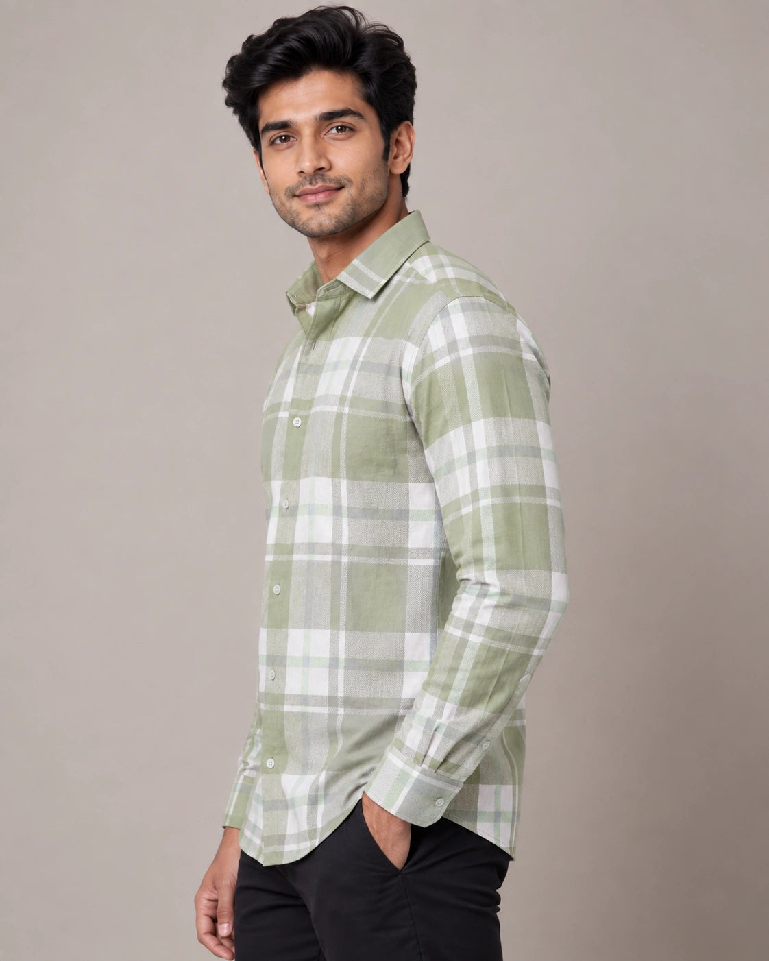 Olive Green Check Shirt - Side View
