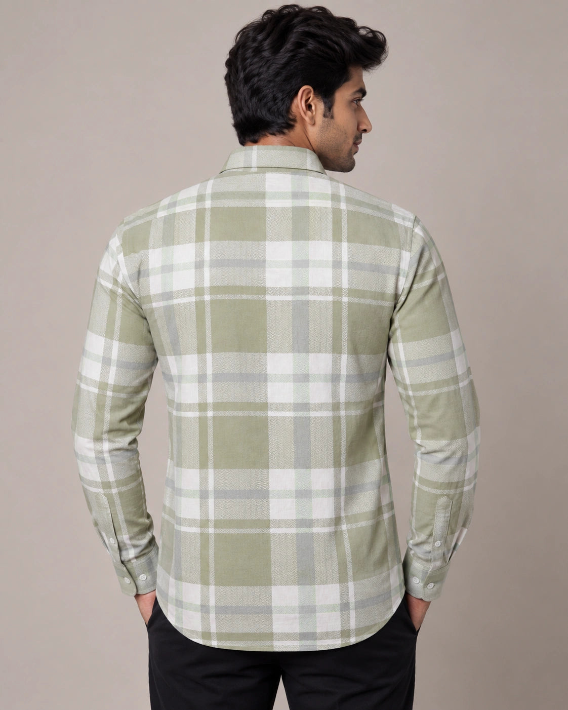 Olive Green Check Shirt - Close Up