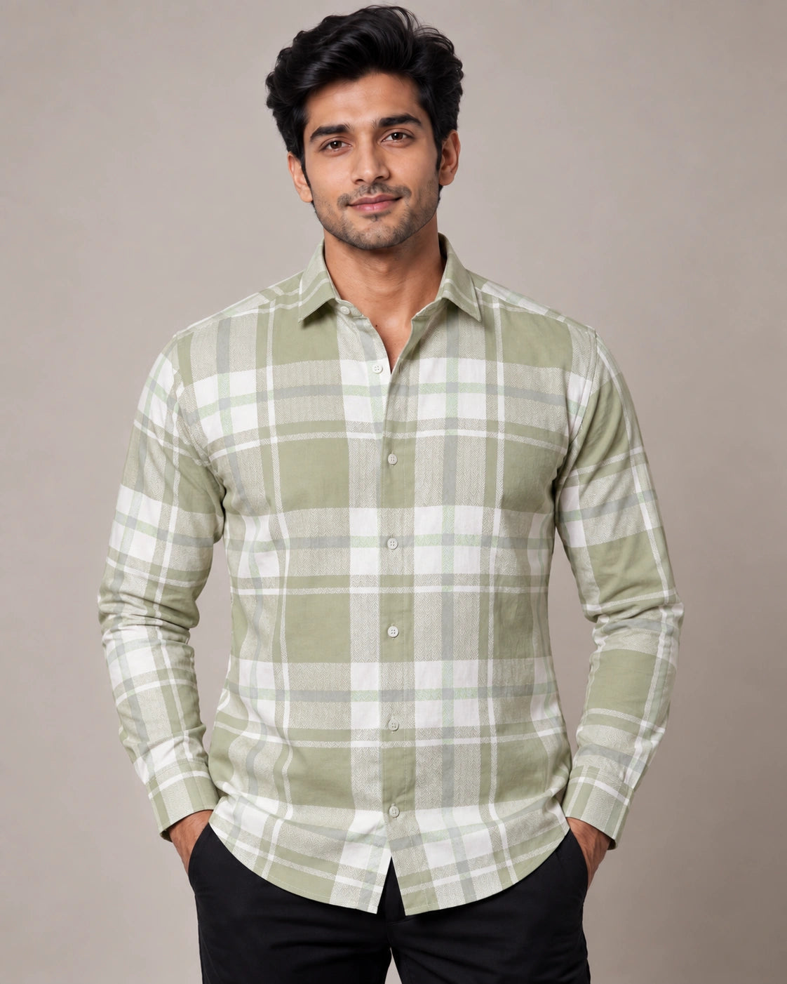 Olive Green Check Shirt - Full Front View