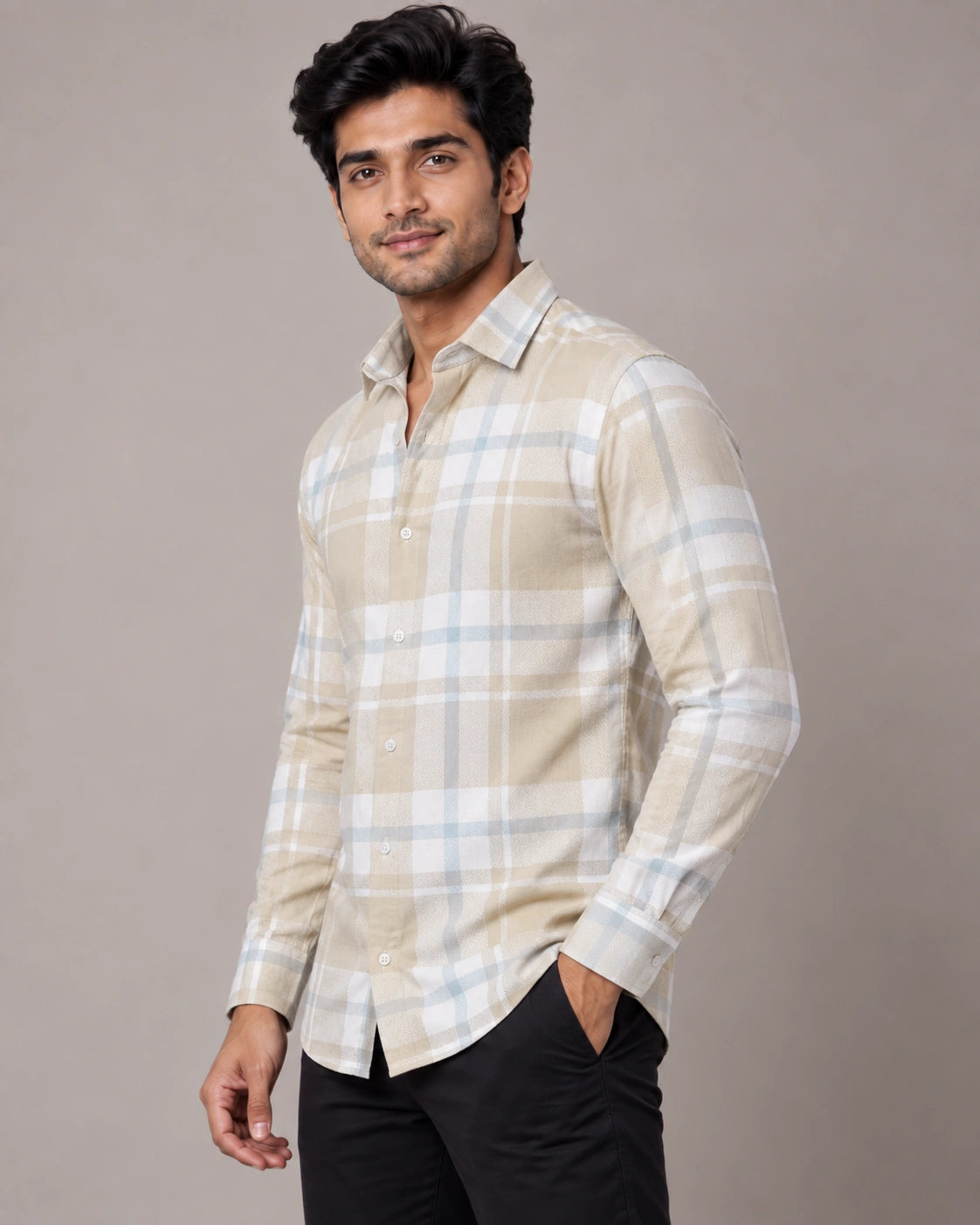 Beige & Blue Check Shirt - Side View