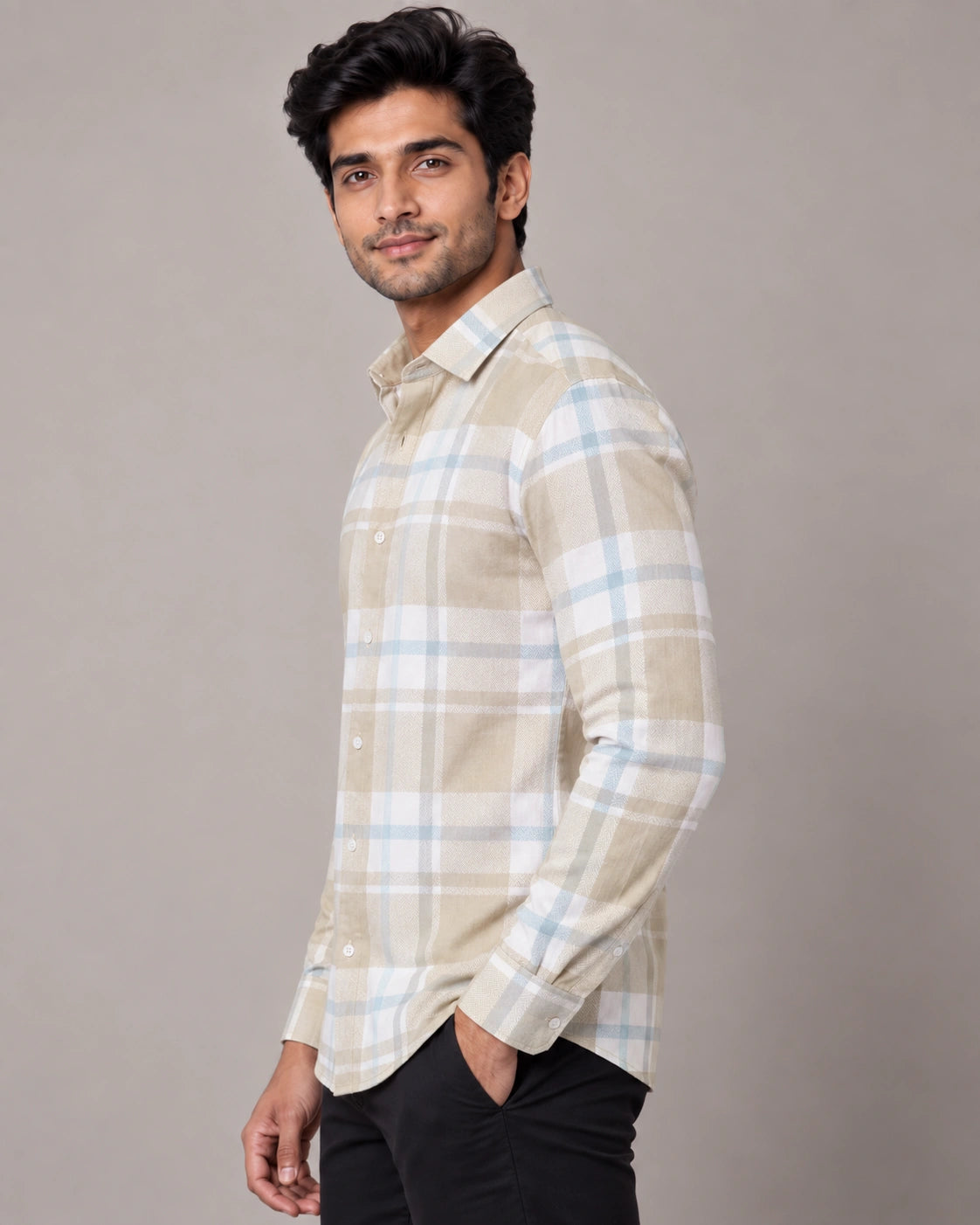 Beige & Blue Check Shirt - Close Up