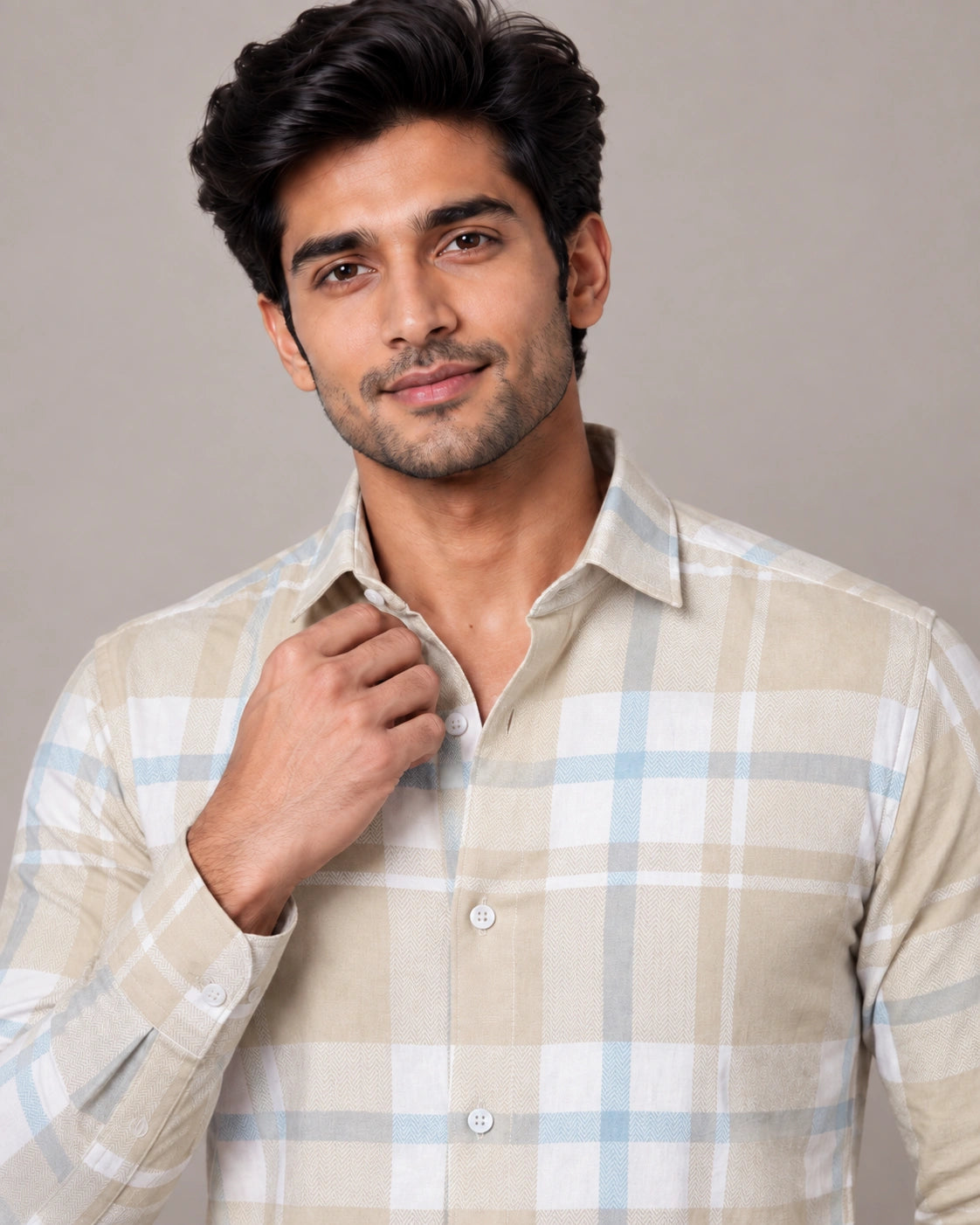 Beige & Blue Check Shirt - Back View