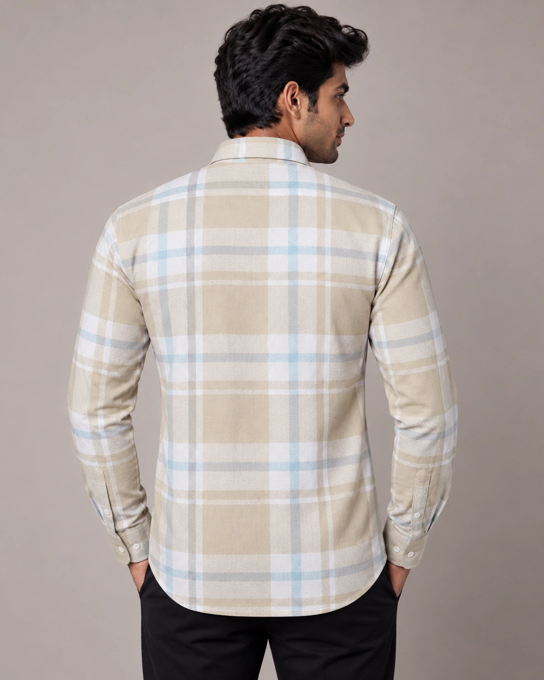 Beige & Blue Check Shirt - Front Side View