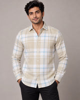 Beige & Blue Check Shirt - Full Front View