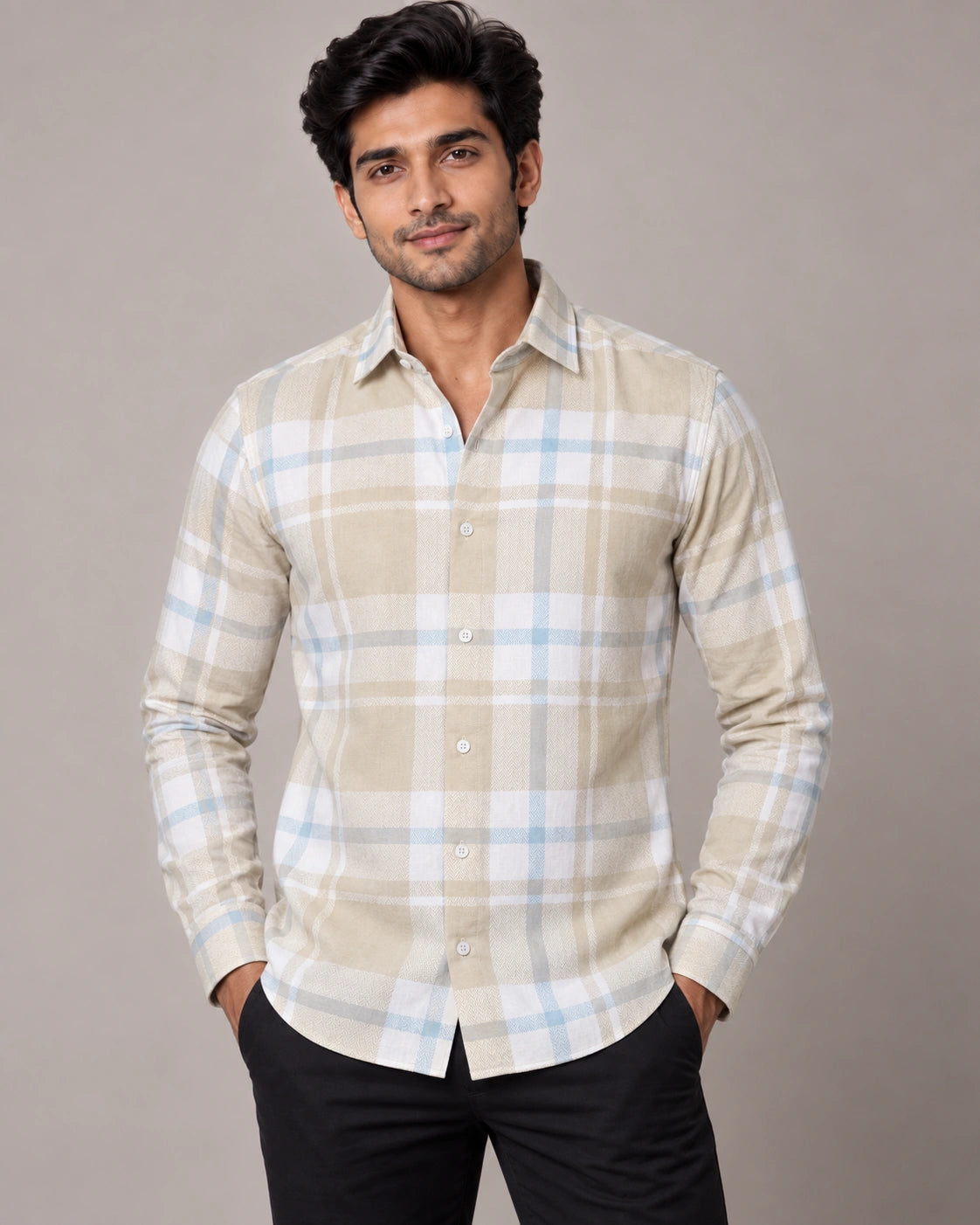 Beige & Blue Check Shirt - Full Front View