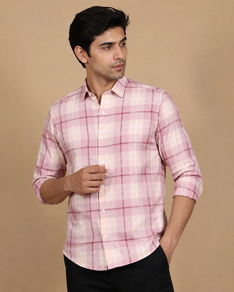 Pink check casual shirt - front view adjusting cuff