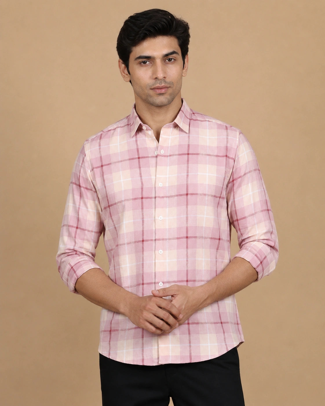 Pink check casual shirt - front straight view
