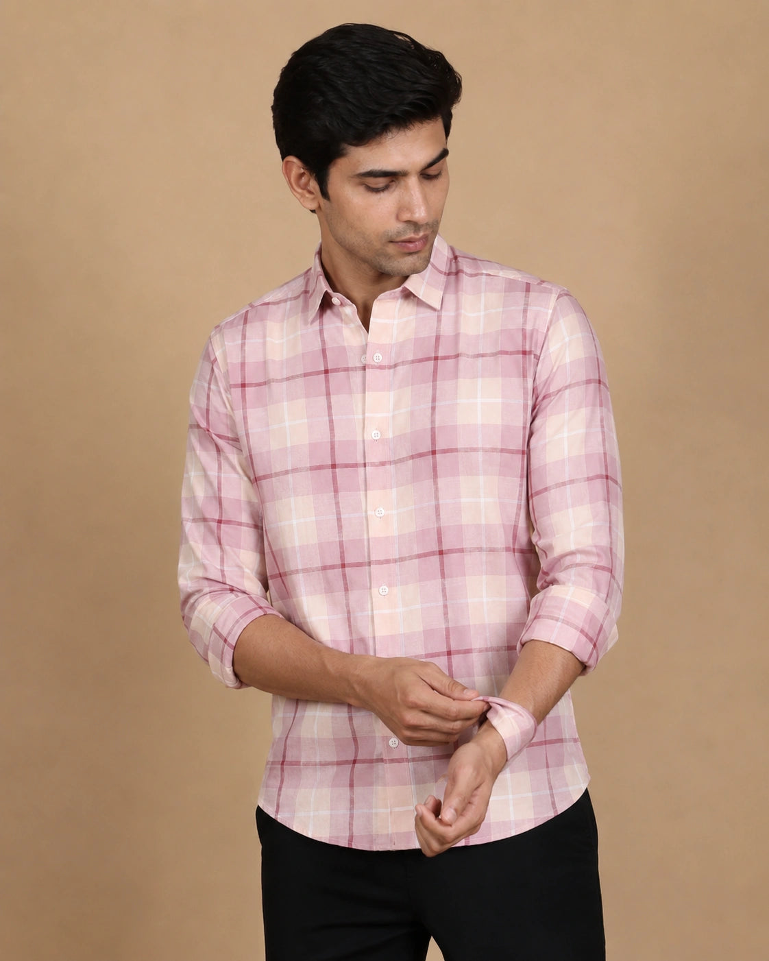 Pink check casual shirt - three-quarter front view