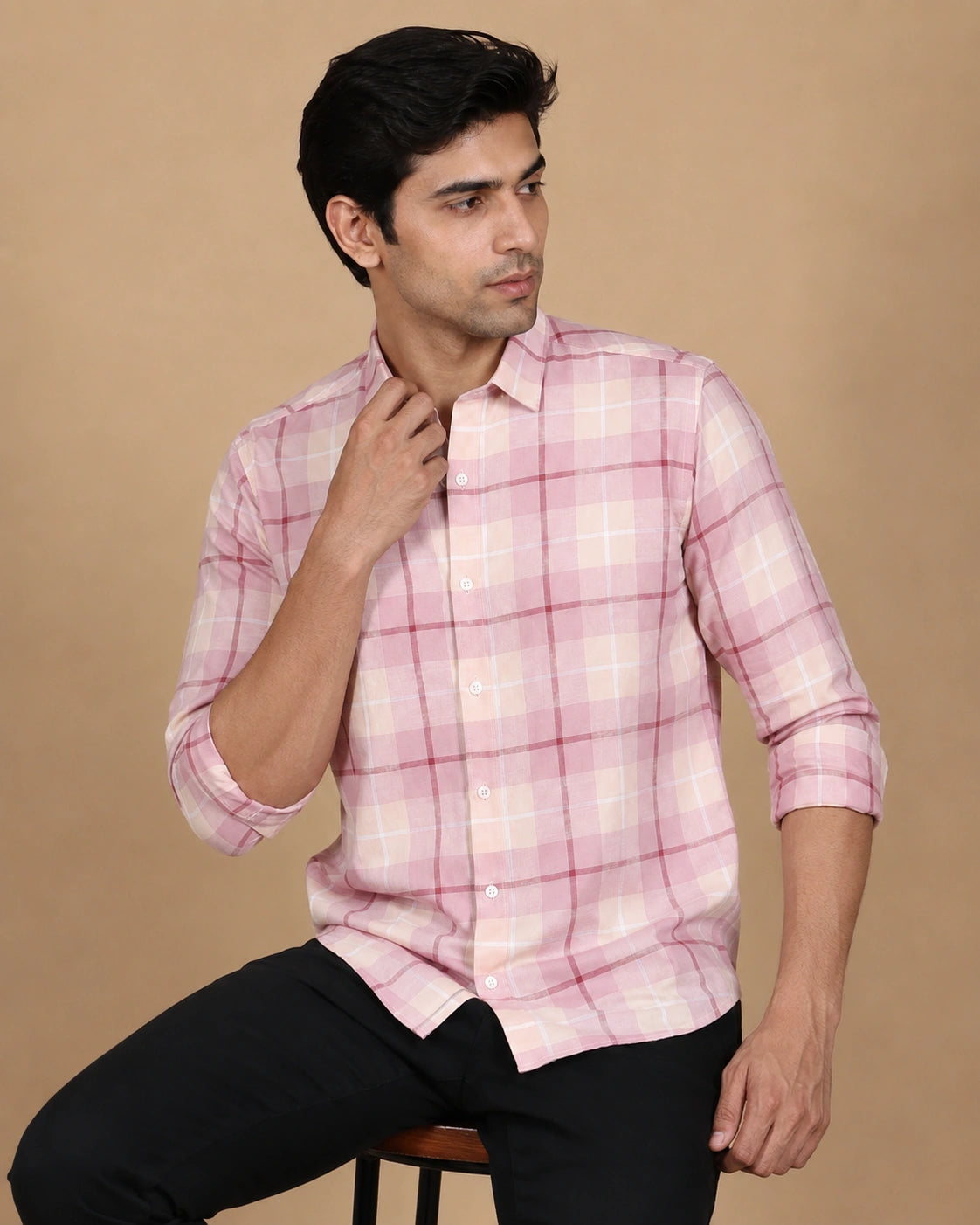 Pink check casual shirt - back view