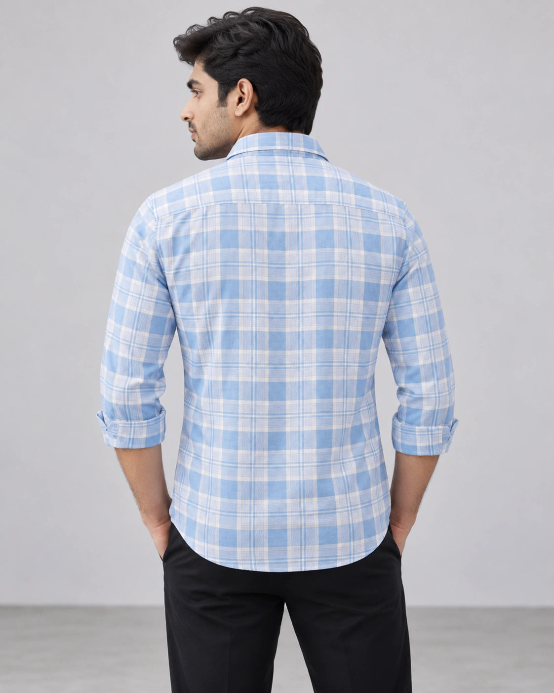 Sky Blue & White Large Check Shirt - Front View