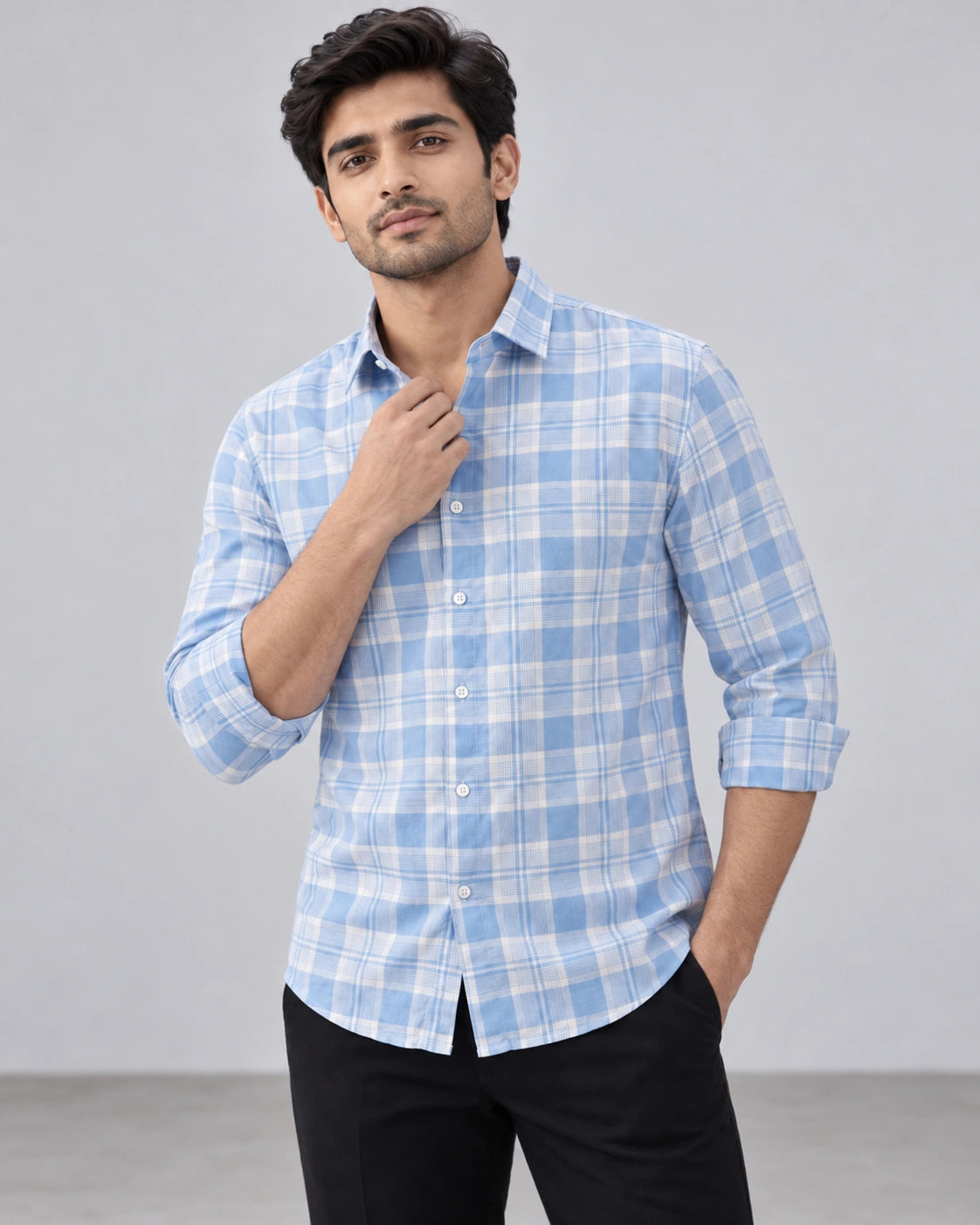 Sky Blue & White Large Check Shirt - Side View 3