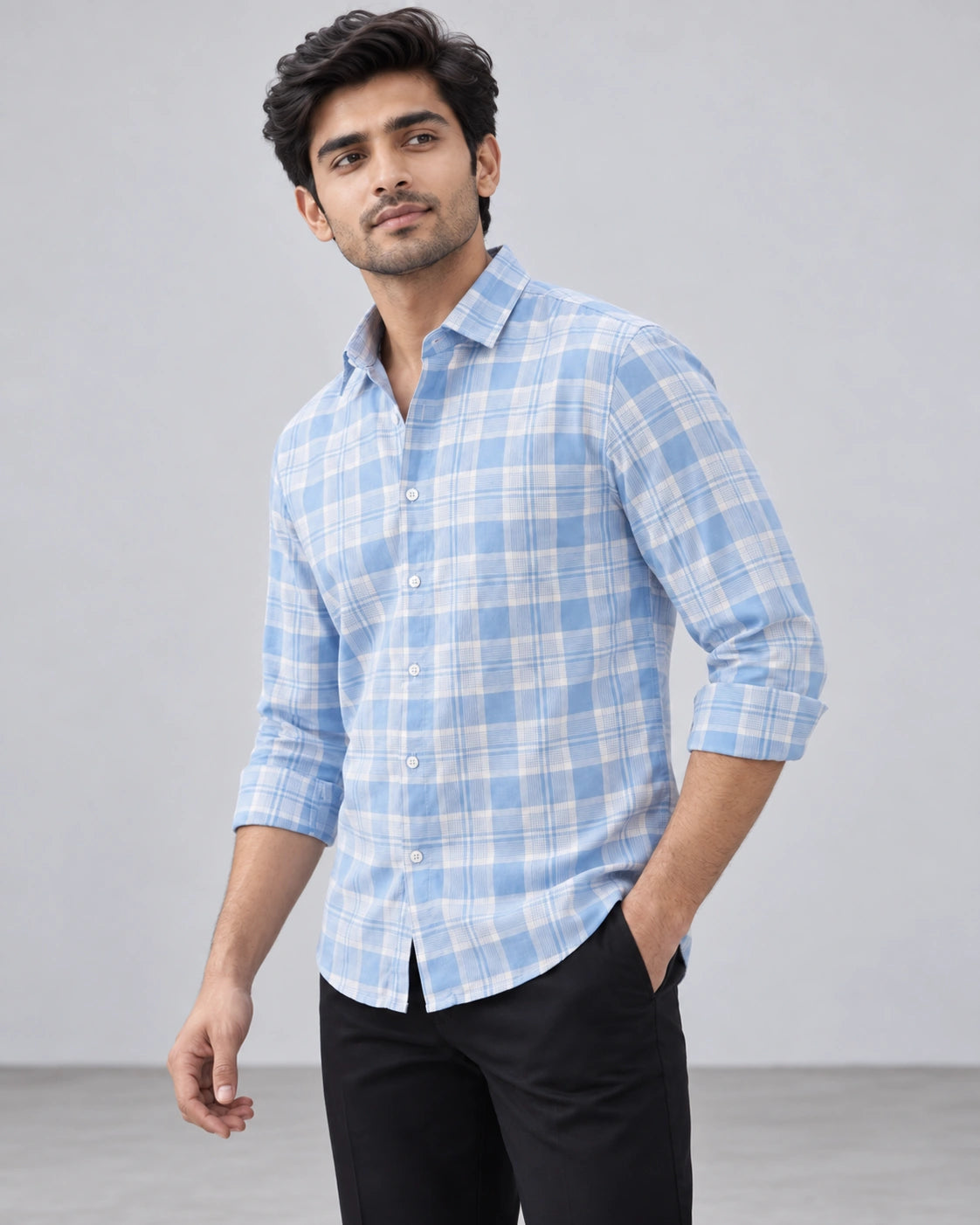 Sky Blue & White Large Check Shirt - Back View