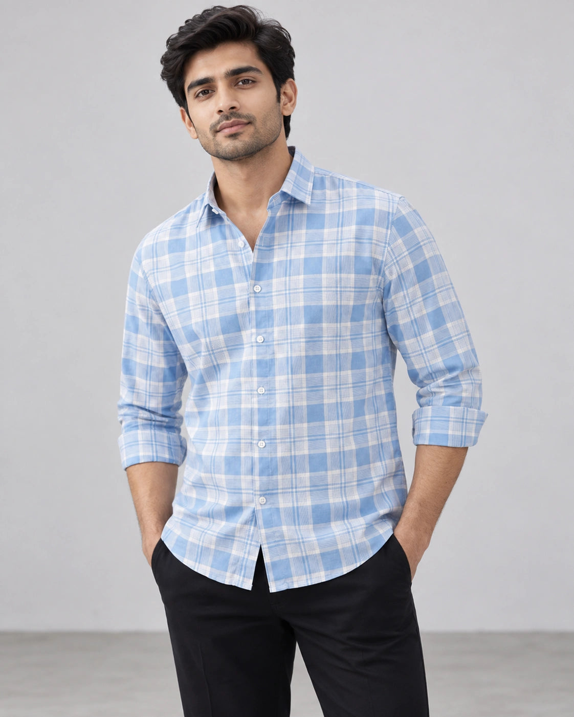 Sky Blue & White Large Check Shirt - Walking Shot