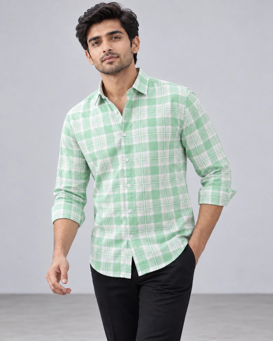 Mint Green & White Large Check Shirt - Back View
