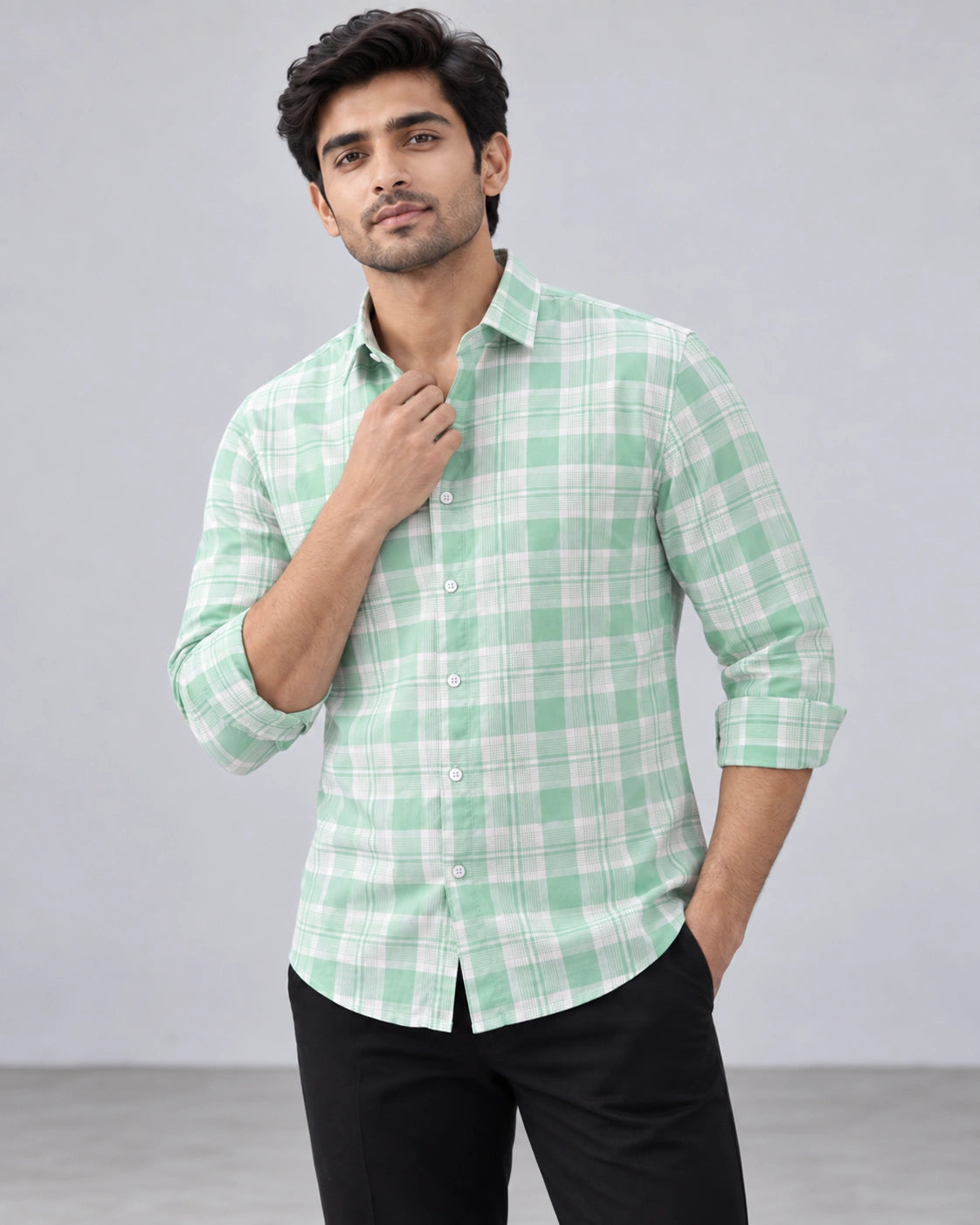 Mint Green & White Large Check Shirt - Walking Side View