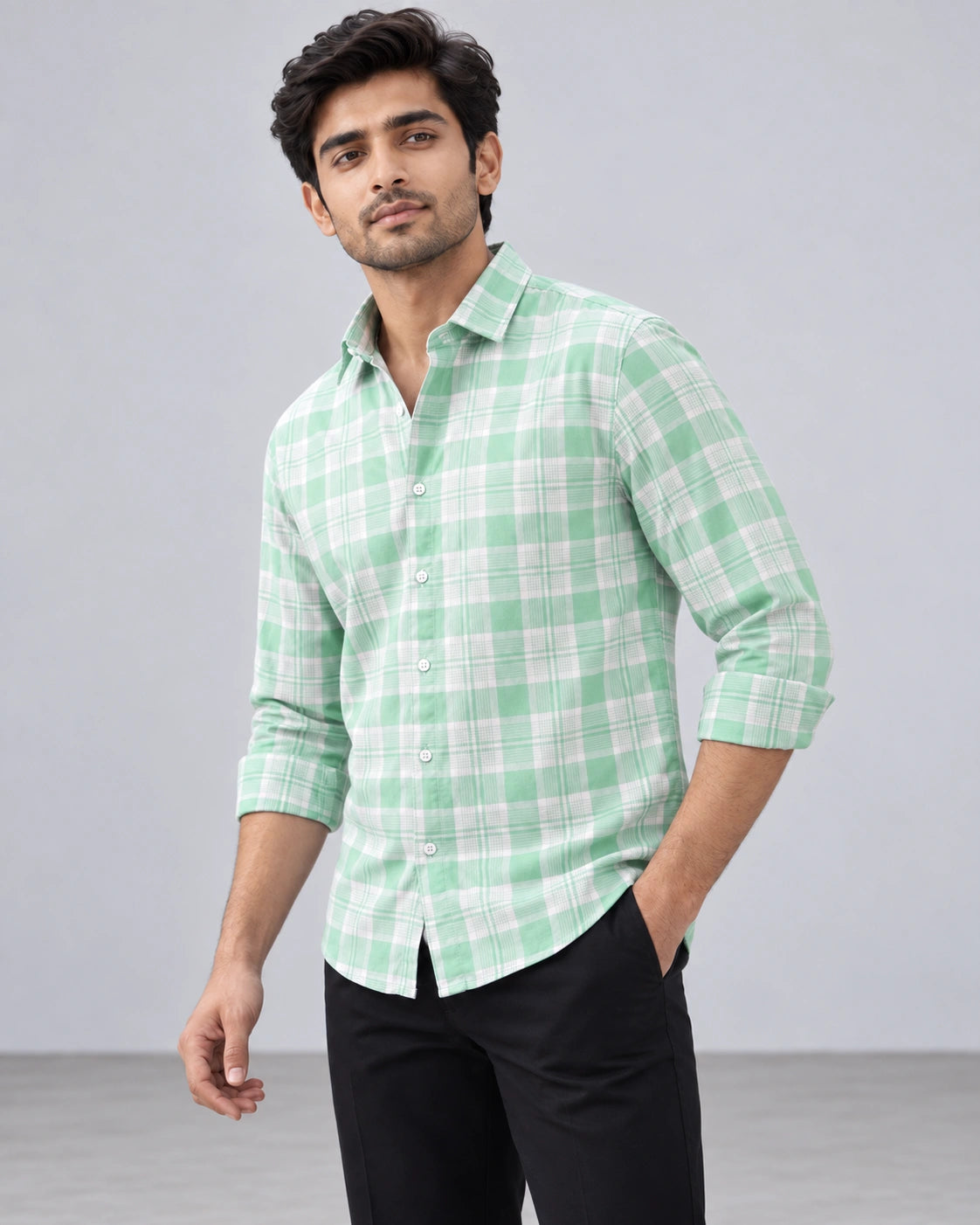 Mint Green & White Large Check Shirt - Full Front View