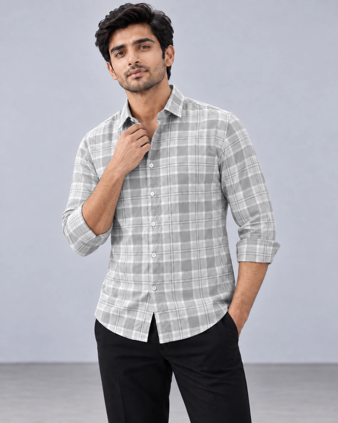 Grey & White Large Check Shirt - Front Close Up