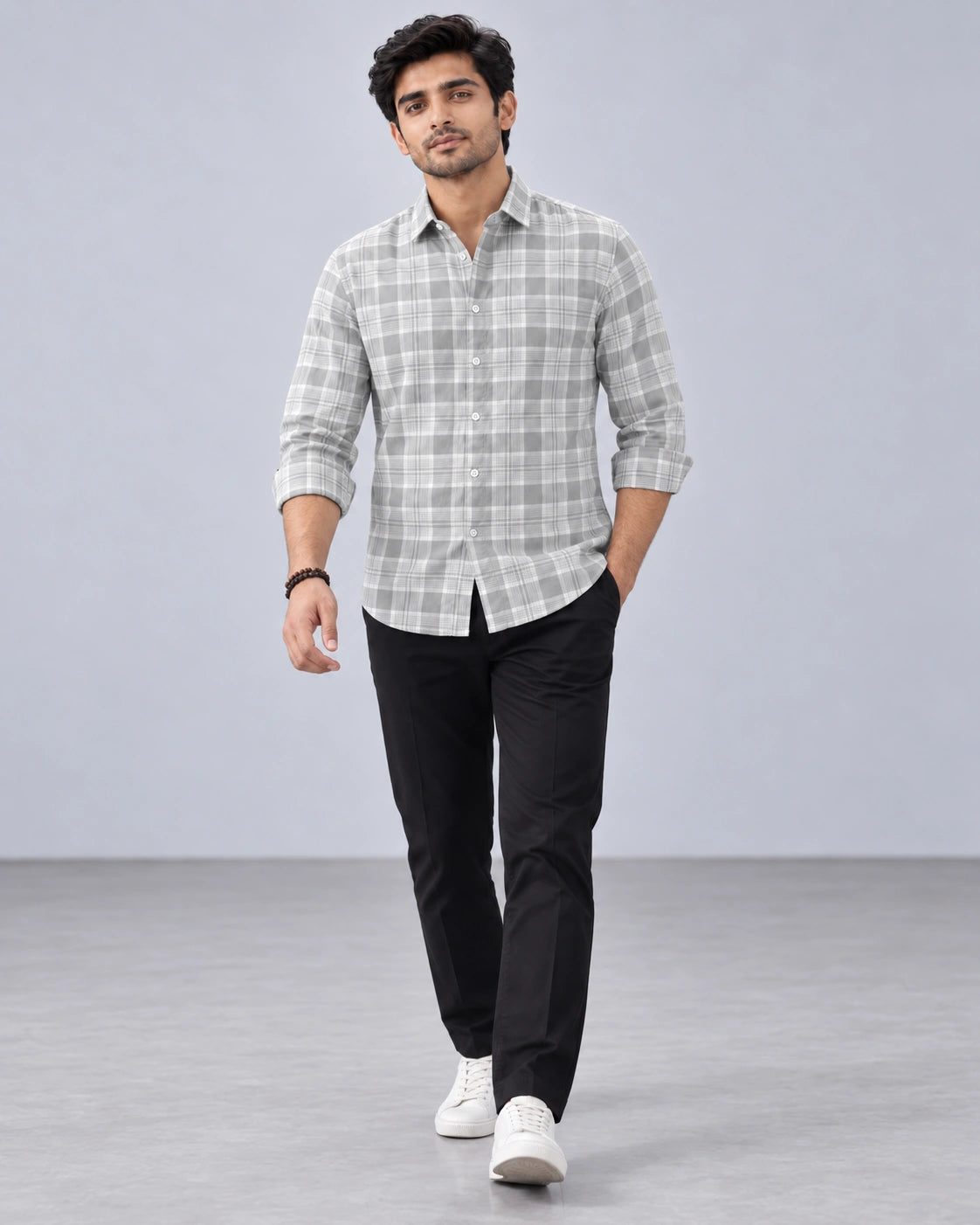 Grey & White Large Check Shirt - Front Detail View