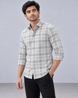 Grey & White Large Check Shirt - Collar Detail