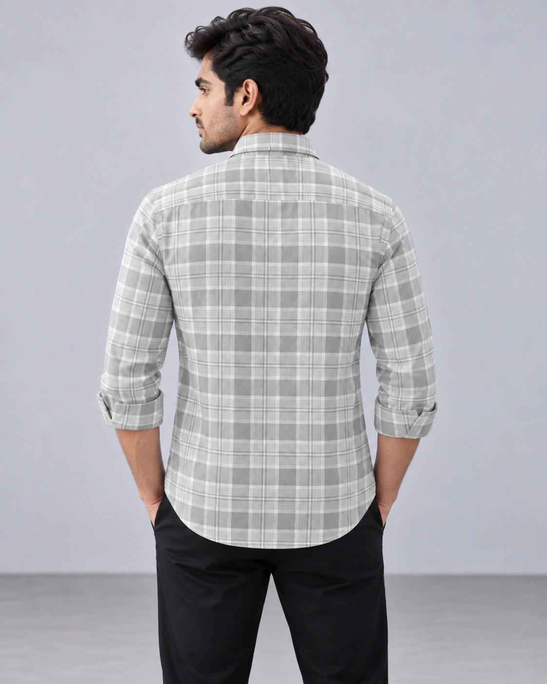 Grey & White Large Check Shirt - Back View