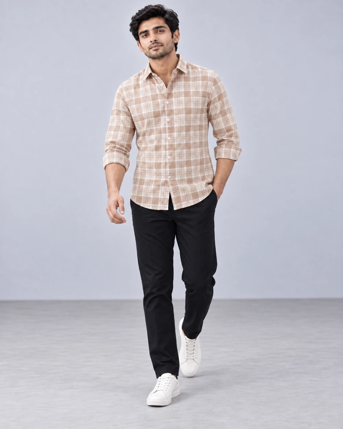 Peach & White Large Check Shirt - Front View