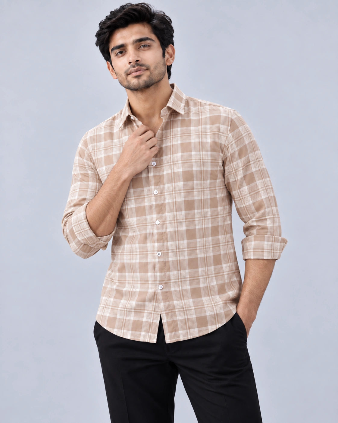 Peach & White Large Check Shirt - Walking View